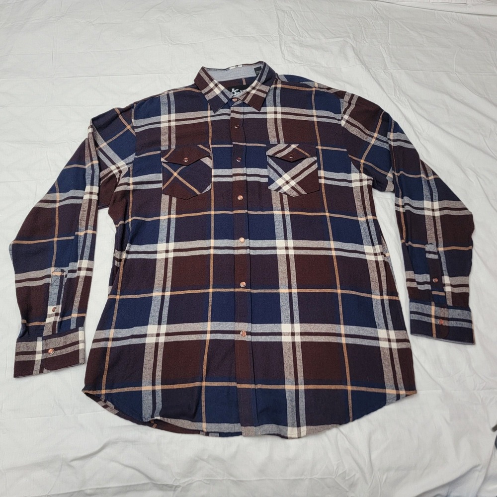 Age of Wisdom Mens XXL Plaid Pearl Snap Flannel Shirt Burgundy Navy Blue